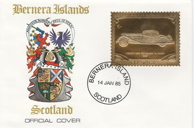 Bernera 1985 Classic Cars - 1937 Horch £12 value perforated & embossed in 22 carat gold foil on special cover with first day cancel