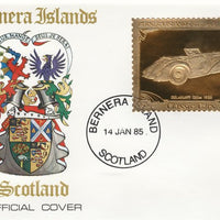 Bernera 1985 Classic Cars - 1938 Delahaye £12 value perforated & embossed in 22 carat gold foil on special cover with first day cancel