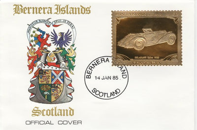 Bernera 1985 Classic Cars - 1938 Delahaye £12 value perforated & embossed in 22 carat gold foil on special cover with first day cancel