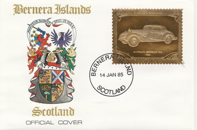 Bernera 1985 Classic Cars - 1938 Maybach Zeppelin V12 £12 value perforated & embossed in 22 carat gold foil on special cover with first day cancel
