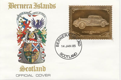 Bernera 1985 Classic Cars - 1938 Maybach Zeppelin V12 £12 value perforated & embossed in 22 carat gold foil on special cover with first day cancel