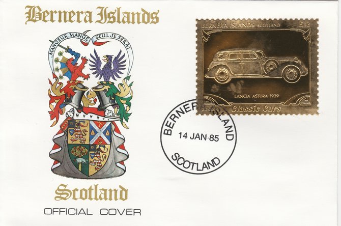 Bernera 1985 Classic Cars - 1939 Lancia Astura £12 value perforated & embossed in 22 carat gold foil on special cover with first day cancel