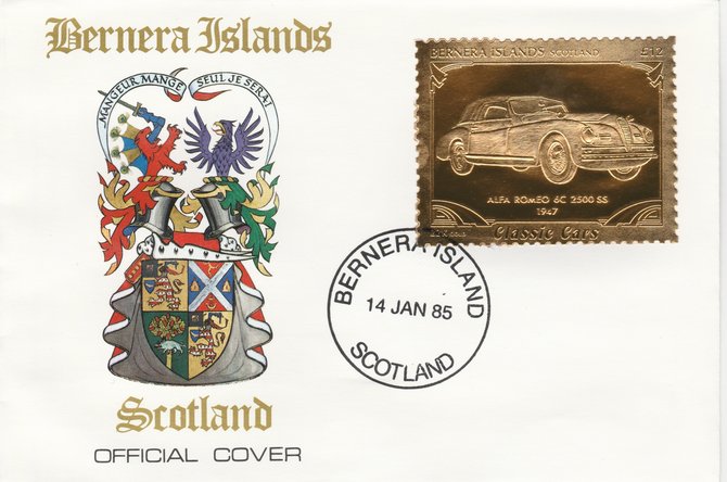 Bernera 1985 Classic Cars - 1947 Alfa Romeo £12 value perforated & embossed in 22 carat gold foil on special cover with first day cancel