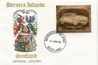 Bernera 1985 Classic Cars - 1947 Alfa Romeo £12 value perforated & embossed in 22 carat gold foil on special cover with first day cancel