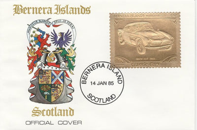 Bernera 1985 Classic Cars - 1955 BMW £12 value perforated & embossed in 22 carat gold foil on special cover with first day cancel
