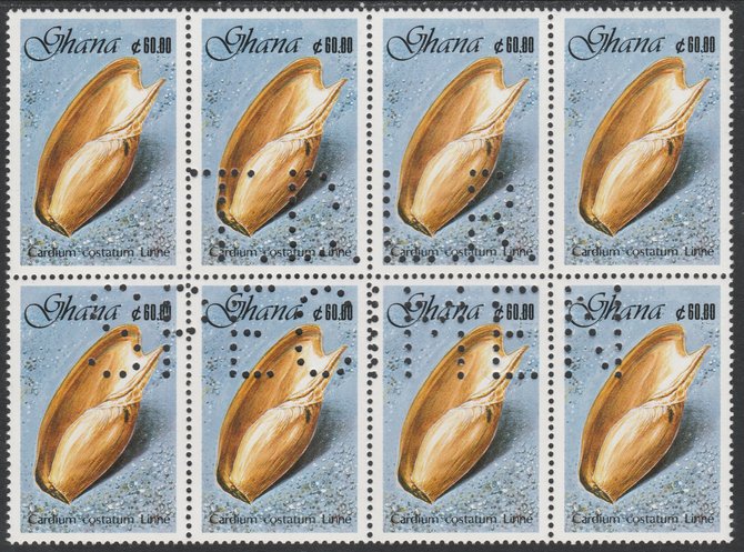 Ghana 1990 Seashells 60c Elephant's Snout, superb block of 8 showing the full perfin 'T.D.L.R. SPECIMEN' (ex De La Rue archive sheet) rare, unusual and unmounted mint as SG 1418