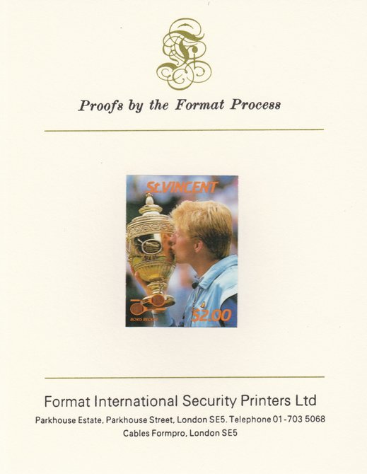 St Vincent 1987 International Tennis Players $2 Boris Becker imperf mounted on Format International Proof Card, as SG 1064