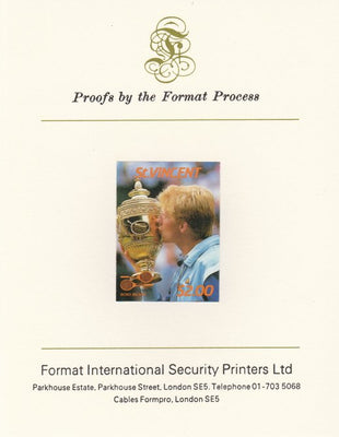 St Vincent 1987 International Tennis Players $2 Boris Becker imperf mounted on Format International Proof Card, as SG 1064