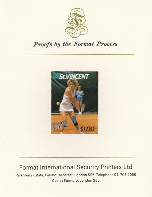 St Vincent 1987 International Tennis Players $1 Chris Evert imperf mounted on Format International Proof Card, as SG 1060