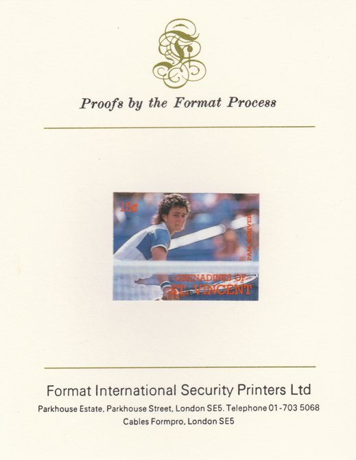 St Vincent - Grenadines 1988 International Tennis Players 15c Pam Shriver imperf mounted on Format International Proof Card, as SG 582