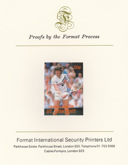 St Vincent - Grenadines 1988 International Tennis Players 50c Kevin Curran imperf mounted on Format International Proof Card, as SG 583