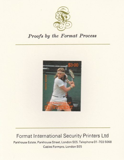 St Vincent - Grenadines 1988 International Tennis Players $3 Bjorn Borg imperf mounted on Format International Proof Card, as SG 588