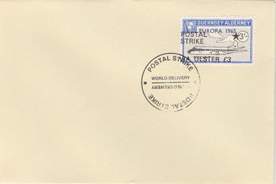 Guernsey - Alderney 1971 Postal Strike cover to Ulster bearing Viscount 3s overprinted Europa 1965 additionally overprinted 'POSTAL STRIKE VIA ULSTER £3' cancelled with World Delivery postmark