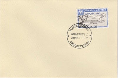 Guernsey - Alderney 1971 Postal Strike cover to Denmark bearing Viscount 3s overprinted Europa 1965 additionally overprinted 'POSTAL STRIKE VIA DENMARK £5' cancelled with World Delivery postmark