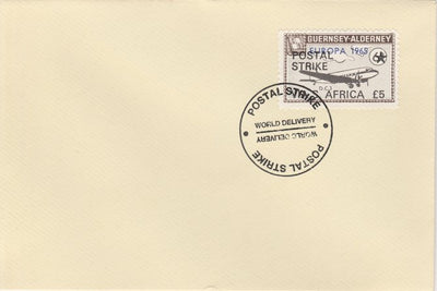 Guernsey - Alderney 1971 Postal Strike cover to South Africa bearing DC-3 6d overprinted Europa 1965 additionally overprinted 'POSTAL STRIKE VIA S AFRICA £5' cancelled with World Delivery postmark