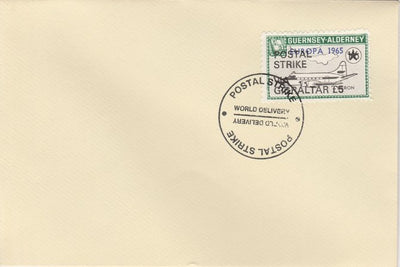 Guernsey - Alderney 1971 Postal Strike cover to Gibraltar bearing Heron 1s6d overprinted Europa 1965 additionally overprinted 'POSTAL STRIKE VIA GIBRALTAR £5' cancelled with World Delivery postmark