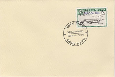 Guernsey - Alderney 1971 Postal Strike cover to Malta bearing Heron 1s6d overprinted Europa 1965 additionally overprinted 'POSTAL STRIKE VIA MALTA £5' cancelled with World Delivery postmark