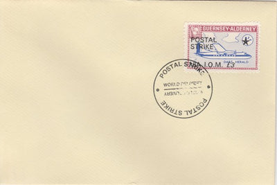 Guernsey - Alderney 1971 Postal Strike cover to Isle of Man bearing 1967 Dart Herald 1s overprinted 'POSTAL STRIKE VIA IOM £3' cancelled with World Delivery postmark
