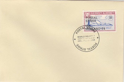 Guernsey - Alderney 1971 Postal Strike cover to Holland bearing 1967 Dart Herald 1s overprinted 'POSTAL STRIKE VIA HOLLAND £4' cancelled with World Delivery postmark