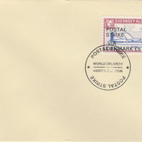 Guernsey - Alderney 1971 Postal Strike cover to Denmark bearing 1967 Dart Herald 1s overprinted 'POSTAL STRIKE VIA DENMARK £5' cancelled with World Delivery postmark