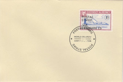 Guernsey - Alderney 1971 Postal Strike cover to Denmark bearing 1967 Dart Herald 1s overprinted 'POSTAL STRIKE VIA DENMARK £5' cancelled with World Delivery postmark