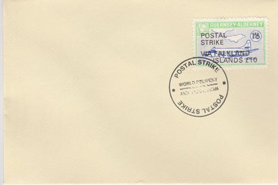 Guernsey - Alderney 1971 Postal Strike cover to Falkland Islands bearing 1967 Heron 1s6d overprinted 'POSTAL STRIKE VIA FALKLAND ISLANDS £10' cancelled with World Delivery postmark