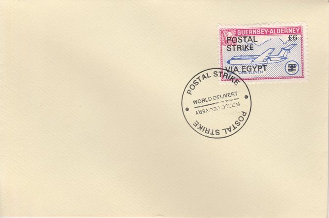 Guernsey - Alderney 1971 Postal Strike cover to Egypt bearing 1967 BAC One-Eleven 3d overprinted 'POSTAL STRIKE VIA EGYPT £6' cancelled with World Delivery postmark