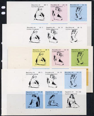 Equatorial Guinea 1977 Drawings of Nudes sheetlet containing 6 values - set of 4 imperf progressive proofs on ungummed paper comprising 1, 2, 3 and all 4 colours (as Mi 1233)