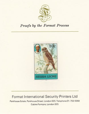 Sierra Leone 1983 Wood Owl 20c imperf proof mounted on Format International proof card as SG SG 767