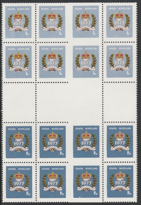 Staffa 1977 Silver Jubilee set of 2 ( 1p & 1.5p) in se-tenant gutter block of 16 partially imperforate unmounted mint
