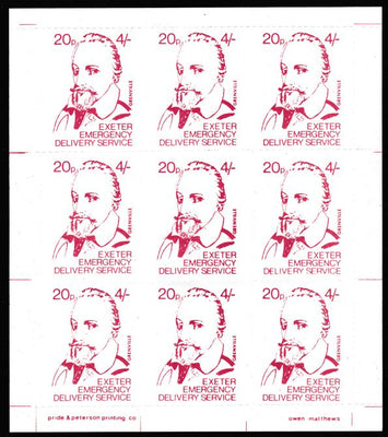 Great Britain 1971 Exeter Emergency Delivery Service 20p-4s label depicting Grenville, a complete sheet of 9 unmounted mint