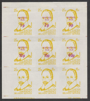 Cinderella - Great Britain 1971 Exeter Emergency Delivery Service 2.5p-6d labels depicting Gilbert in a complete sheet of 9 comprising set of 6 opt'd Postage Due 1p to 40p plus 3 un-surcharged values unmounted mint