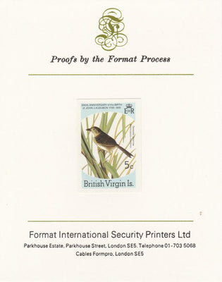 British Virgin Islands 1985 John Audubon Birds 5c Seaside Sparrow imperf proof mounted on Format International proof card, as SG 588
