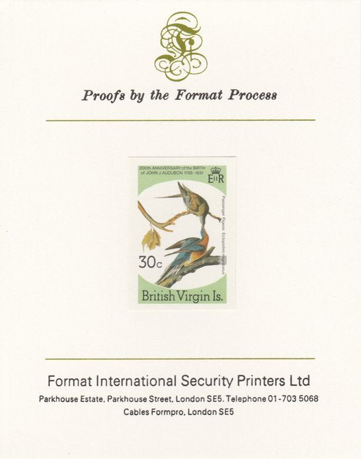 British Virgin Islands 1985 John Audubon Birds 30c Passenger Pigeon imperf proof mounted on Format International proof card, as SG 589