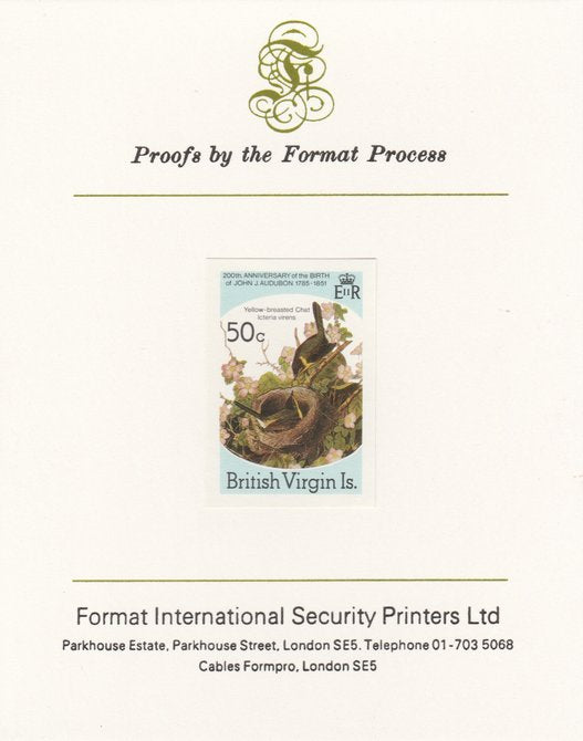 British Virgin Islands 1985 John Audubon Birds 50c Yellow Breasted Chat imperf proof mounted on Format International proof card, as SG 590