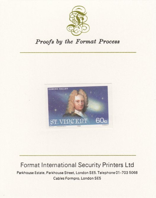 St Vincent 1986 Halley's Comet 60c (Edmond Halley) imperf proof mounted on Format International proof card, as SG 974