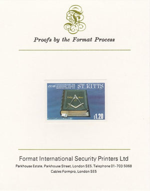 St Kitts 1985 Masonic Lodge $1.20 (Masonic Symbols) imperf proof mounted on Format International proof card, as SG 179
