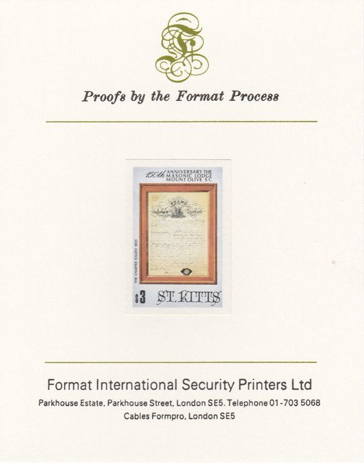 St Kitts 1985 Masonic Lodge $3 (Lodge Charter) imperf proof mounted on Format International proof card, as SG 180