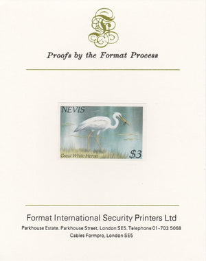 Nevis 1985 Hawks & Herons $3 (Great Blue Heron) imperf proof mounted on Format International proof card, as SG 268