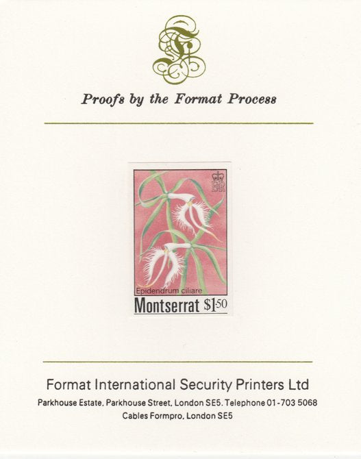 Montserrat 1985 Orchids $1.50 (Eppidendrum ciliare) imperf proof mounted on Format International proof card, as SG 633