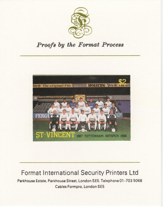 St Vincent 1987 English Football teams $2 Tottenham Hotspur imperf mounted on Format International proof card, as SG 1092