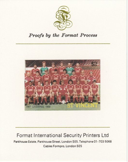 St Vincent 1987 English Football teams $2 Liverpool imperf mounted on Format International proof card, as SG 1094