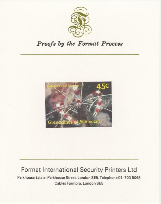 St Vincent - Grenadines 1987 Marine Life 45c Banded Coral Shrimp imperf mounted on Format International proof card as SG 542