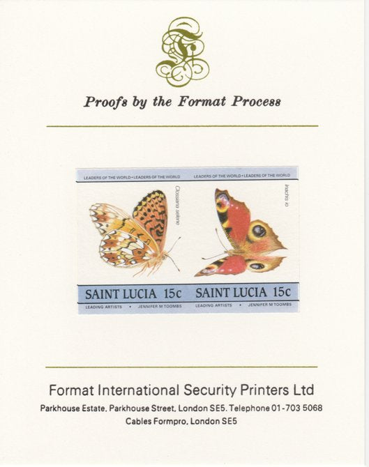 St Lucia 1985 Butterflies (Leaders of the World) 15c imperf se-tenant pair mounted on Format International proof card, as SG 781a