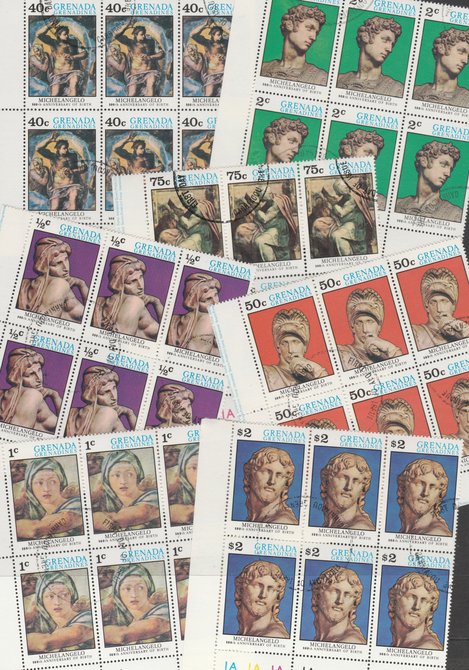 Grenada - Grenadines 1975 Michelangelo cto set of 7 in complete (folded) sheets of 50, SG 68-74 (50 sets = 350 stamps)