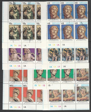 Grenada - Grenadines 1975 Michelangelo cto set of 7 each in plate block of 6 SG 68-74