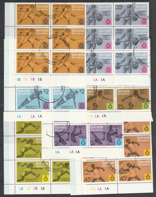 Grenada - Grenadines 1975 Pan American Games cto set of 7 each in plate block of 6 SG 103-9