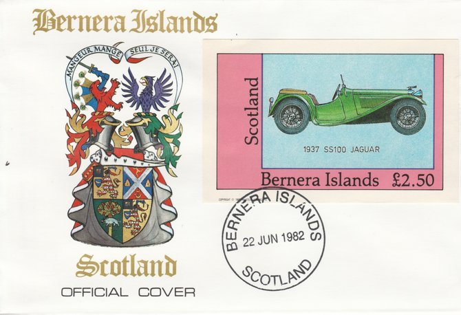 Bernera 1982 Sports Cars - 1937 SS100 Jaguar imperf £2.50 on official cover with first day cancel