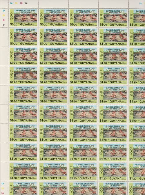 Guyana 1984 Los Angeles Olympic Games opt on $1.20 complete sheet of 50 unmounted mint folded along central perfs, SG 1420