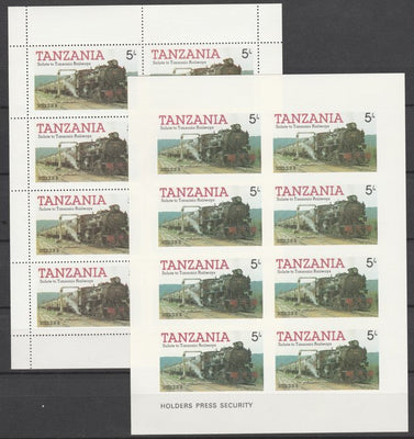 Tanzania 1985 Railways (1st Series) 5s value in complete imperf sheetlet of 8 plus perforated normal sheet, both unmounted mint as SG 430